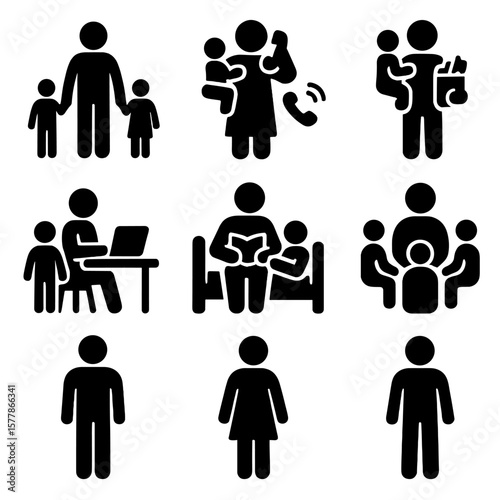 Single Parent Icons. Solid style icons of single parent and caregiver support: solo parent with children, multitasking caregiver,