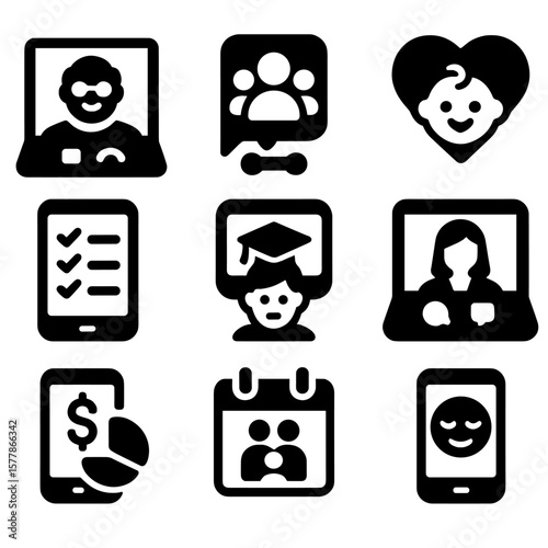 Digital Family Support Icons. Solid style icons of digital and online family support: video call with grandparent, family group