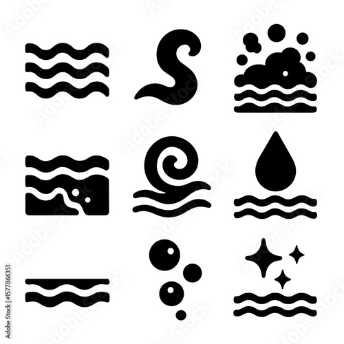 Ocean Elements Icons. Solid style icons of ocean and water elements: gentle waves, water current, sea foam, tide line, ocean swirl