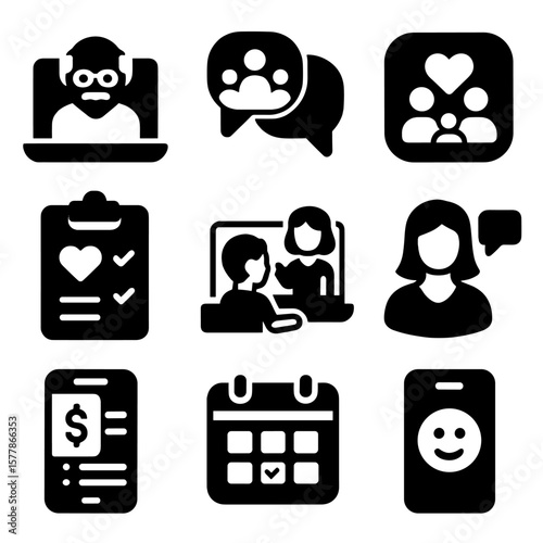 Digital Family Support Icons. Solid style icons of digital and online family support: video call with grandparent, family group