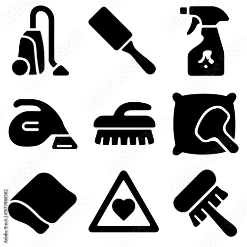 Fabric Cleaning Tools Icons. Solid style icons of fabric and upholstery cleaning tools: upholstery cleaner, lint roller, fabric