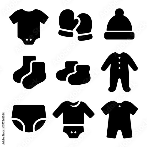 Baby Clothing Icons. Solid style icons of baby clothing items: onesie, mittens, baby socks, baby hat, baby booties, footed pajamas