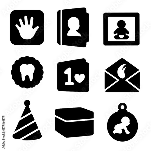 Baby Milestone Icons. Solid style icons of baby milestone keepsakes: handprint mold, baby book, photo frame, milestone card, tooth
