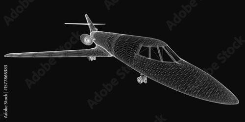 A small airplane 3D wireframe model displays intricate design details against a black background. The transparent mesh structure highlights the aircraft's aerodynamic shape and internal framework.