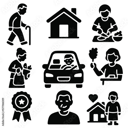 Independent Senior Icons. Solid style icons of independent senior living: active senior walking, independent home icon, healthy