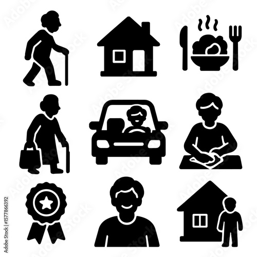 Independent Senior Icons. Solid style icons of independent senior living: active senior walking, independent home icon, healthy