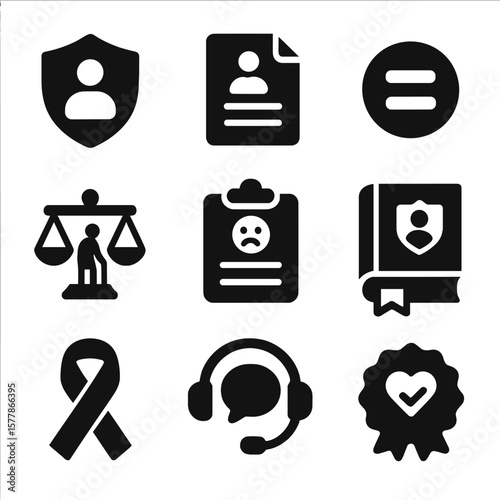 Senior Rights Icons. Solid style icons of senior rights and advocacy: shield with person icon, human rights document, equality