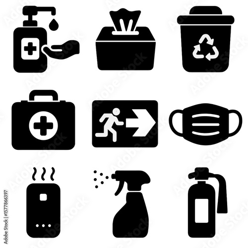 Office Safety Icons. Solid style icons of office hygiene and safety: hand sanitizer, disinfecting wipes, trash bin, first aid kit,