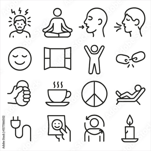 Stress and Relief Icons. Line style icons of stress and relief: stressed person, meditation pose, breathing exercise, deep breath