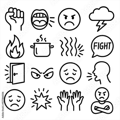 Icons of Anger. Line style icons of anger and conflict: clenched fist, yelling mouth, angry emoji, thunder cloud, broken glass,