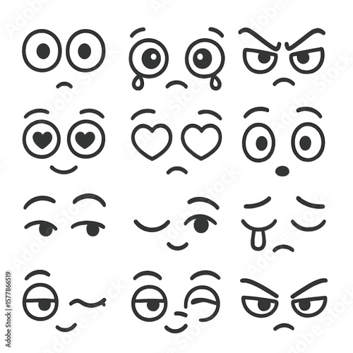 Expressive Eyes and Brows. Line style icons of expressive eyes and brows: wide eyes, teary eyes, angry brows, confused brows,