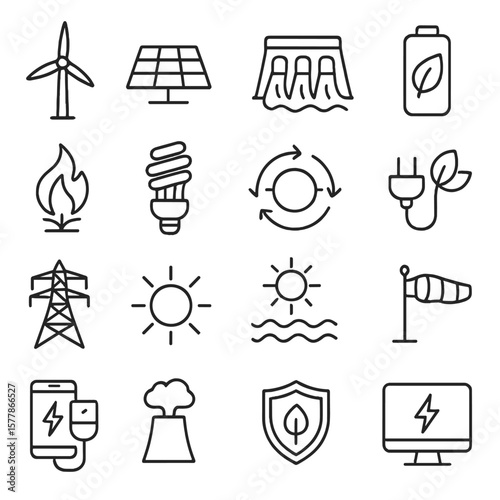 Renewable Energy Icons. Line style icons of renewable energy: windmill, solar panel, hydro dam, green battery, biomass icon,