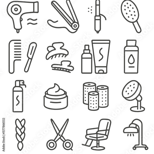 Hair Styling Icons. Line style icons of hair styling: hairdryer, hair straightener, curling iron, hairbrush, comb, hair clips,