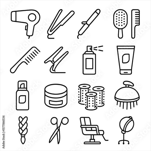 Hair Styling Icons. Line style icons of hair styling: hairdryer, hair straightener, curling iron, hairbrush, comb, hair clips,