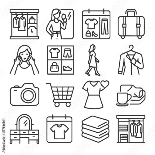 Fashion Lifestyle Icons. Line style icons of fashion lifestyle: wardrobe, mirror selfie, outfit planner, travel bag, morning