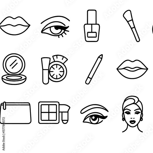 Makeup Icons Collection. Line style icons of makeup and fashion combo: red lips, smokey eyes, nail polish, makeup brush,