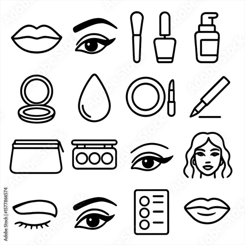 Makeup Icons Collection. Line style icons of makeup and fashion combo: red lips, smokey eyes, nail polish, makeup brush,