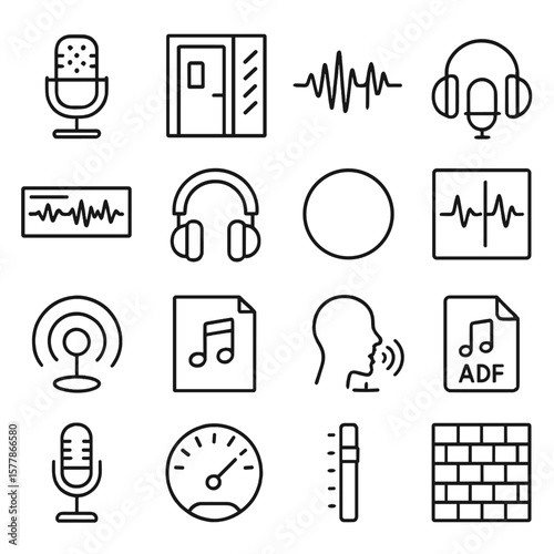 Audio Recording Icons. Line style icons of audio recording: studio mic, sound booth, waveform, mixing desk, audio track,