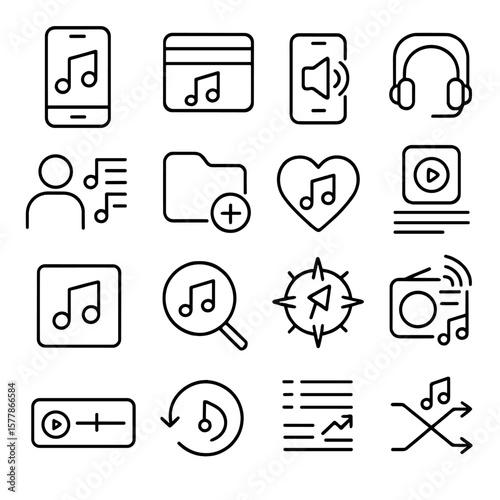 Music Streaming Icons. Line style icons of music streaming platforms: phone with note, music subscription, mobile speaker,