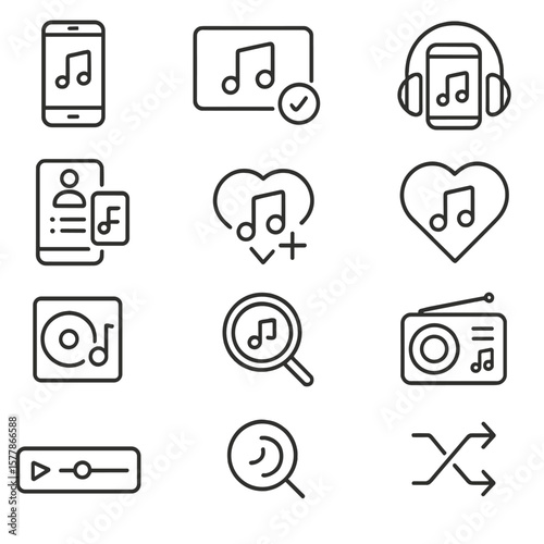 Music Streaming Icons. Line style icons of music streaming platforms: phone with note, music subscription, mobile speaker,