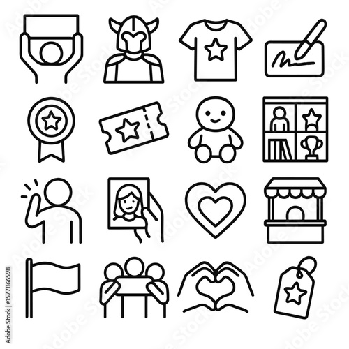 Fan Culture Icons. Line style icons of fan culture: fan sign, cosplay icon, fan t-shirt, autograph icon, fandom badge, concert