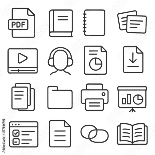 Study Materials Icons. Line style icons of study materials: PDF file, textbook icon, notebook, flashcards, recorded video, audio