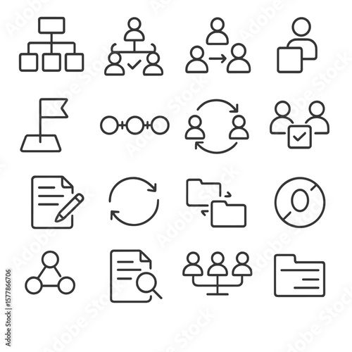 Team Workflow Icons. Line style icons of team workflow: flowchart, approval chain, handover icon, workflow step, project stage,