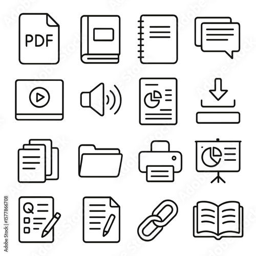 Study Materials Icons. Line style icons of study materials: PDF file, textbook icon, notebook, flashcards, recorded video, audio
