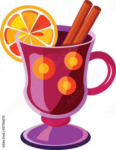 Delicious and Aromatic Mulled Wine in a Glass with Orange Slice and Cinnamon Sticks: Perfect Winter Warmer Beverage Illustration