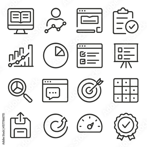 Learning Analytics Icons. Line style icons of learning analytics: learning dashboard, user activity, course progress, test results