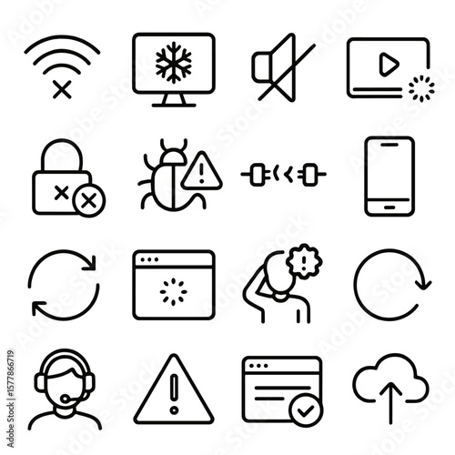 Technical Issues Icons. Line style icons of technical issues: wifi error, frozen screen, mute problem, video not loading, login