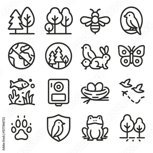 Biodiversity Icon Set. Line style icons of biodiversity and wildlife: forest icon, tree diversity, pollinator bee, bird habitat,