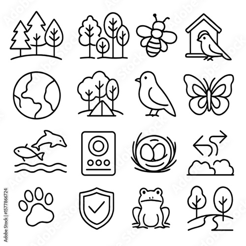 Biodiversity Icon Set. Line style icons of biodiversity and wildlife: forest icon, tree diversity, pollinator bee, bird habitat,