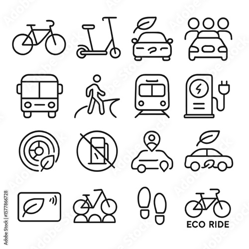Sustainable Transport Icons. Line style icons of sustainable transport: bicycle, e-scooter, electric car, carpool icon, bus icon,