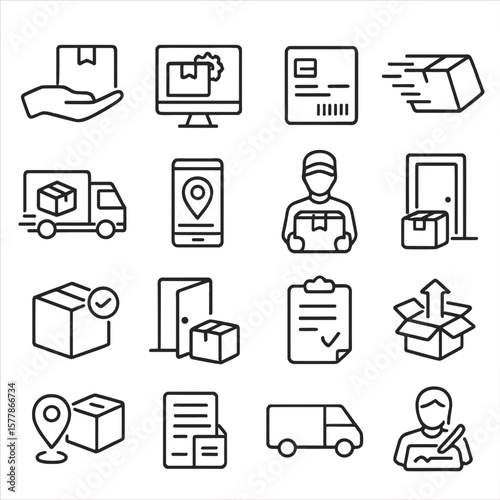 Delivery Process Icons. Line style icons of delivery process: package received, order processing, shipping label, box in transit,