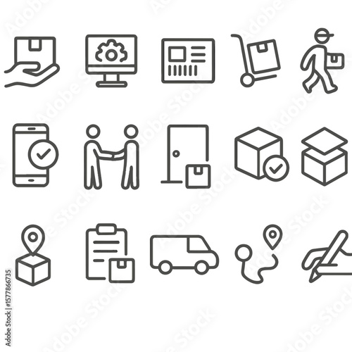 Delivery Process Icons. Line style icons of delivery process: package received, order processing, shipping label, box in transit,