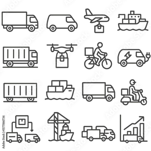 Transportation Icons Collection. Line style icons of transport types: cargo truck, delivery van, air cargo plane, cargo ship,
