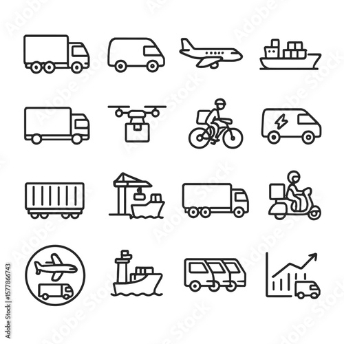Transportation Icons Collection. Line style icons of transport types: cargo truck, delivery van, air cargo plane, cargo ship,