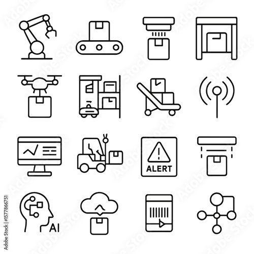Logistics Automation Icons. Line style icons of logistics automation: robot arm, conveyor belt, scanner system, automated gate,