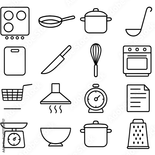 Kitchen Tools Icons. Line style icons of restaurant kitchen: stove top, cooking pan, sauce pot, ladle icon, cutting board, chef