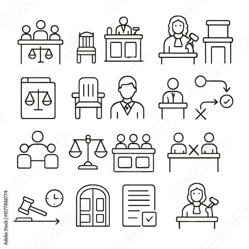 Judicial Process Icons. Line style icons of judicial process: trial icon, courtroom icon, judge decision, witness stand, court