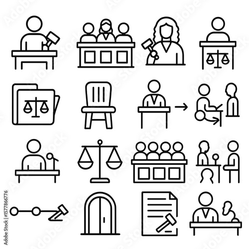 Judicial Process Icons. Line style icons of judicial process: trial icon, courtroom icon, judge decision, witness stand, court
