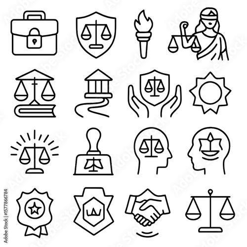 Legal Symbols Icons. Line style icons of legal symbols extended: locked briefcase, shield with scales, torch of justice, blindfold