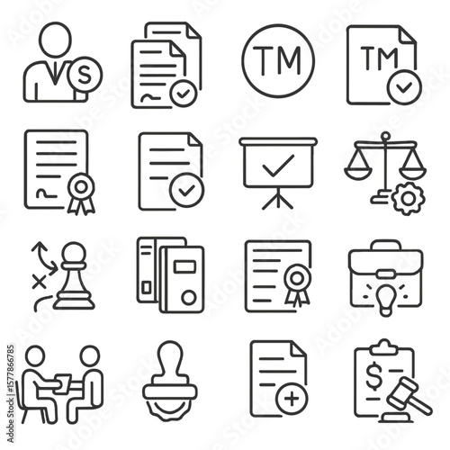 Corporate Law Icons. Line style icons of corporate law: shareholder icon, merger document, trademark icon, patent file, corporate