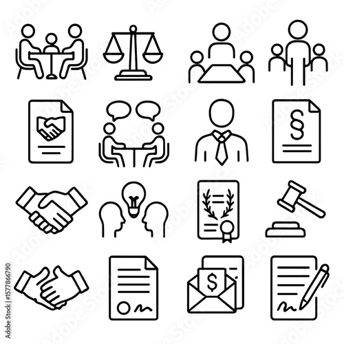 Dispute Resolution Icons. Line style icons of dispute resolution: mediation table, arbitration icon, neutral party, settlement