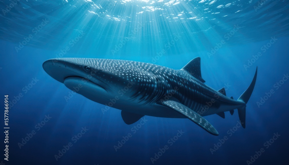 Naklejka premium A whale shark swims in the ocean illuminated by sunlight