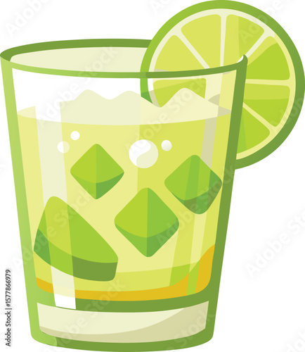 Refreshing Lime Cocktail in a Glass with Ice Cubes, Perfect for Summer, Tropical Vibe, and Vibrant Colors.
