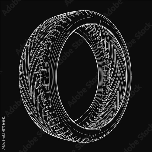 A black and white drawing of a car tire stands out against a dark background. The detailed tread pattern and realistic shading create a striking contrast.