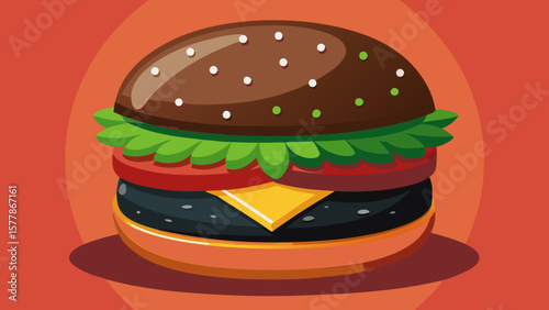 Cartoon illustration of a black bean burger with sesame bun, cheese, tomato, lettuce and dark veggie patty on red background