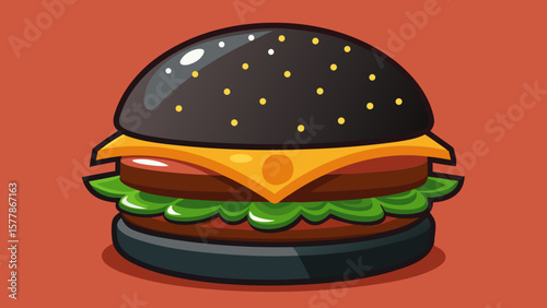 Cartoon illustration of a black bean burger with dark bun, cheese, patty and lettuce on red background